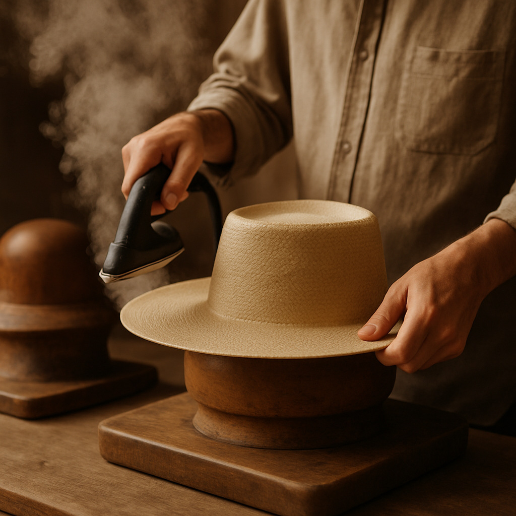 Hand-finishing details of an OTRHATS handcrafted straw hat, featuring close-up texture, reinforced brim stitching, and natural fiber quality.
