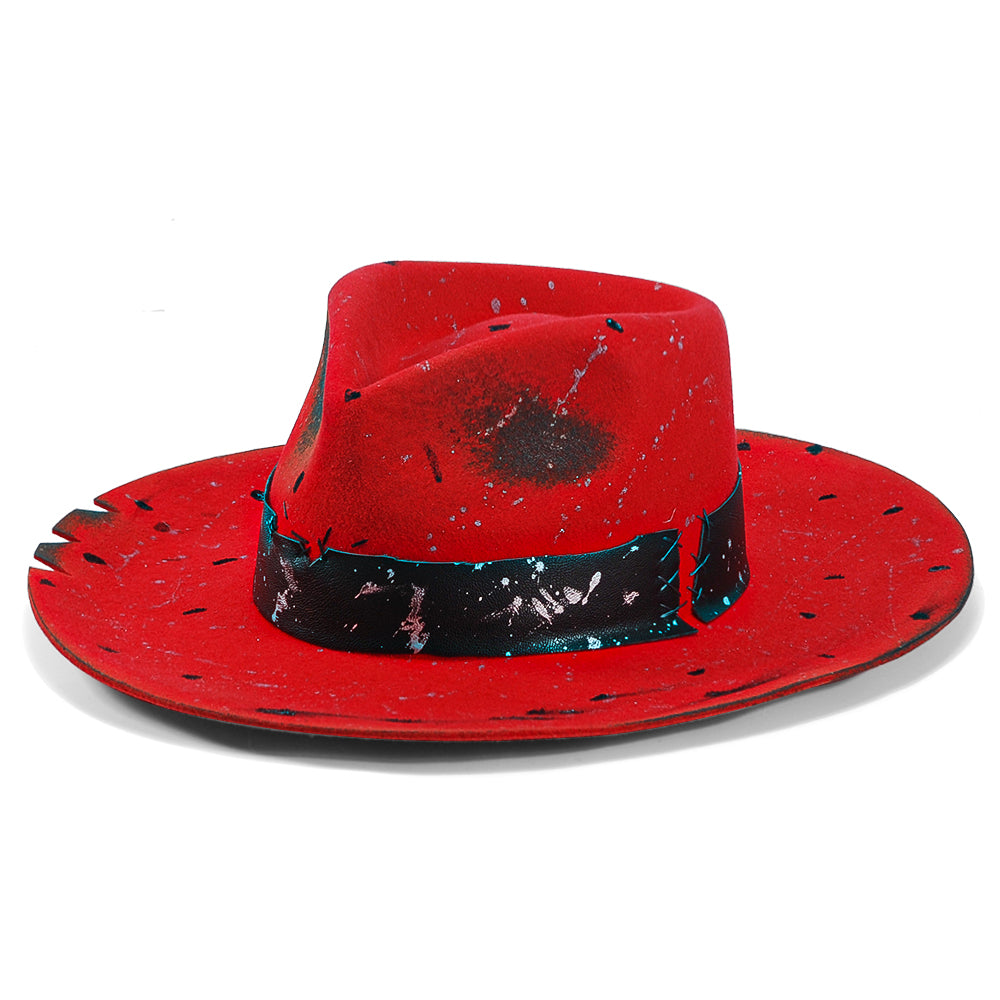 Ruby Hat Crimson Wool Fedora - Splatter Paint & Charred Patches – otrhats